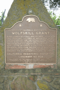 A picture of a plaque reading that the Wolfskill Grant is California Registered Historical Landmark.